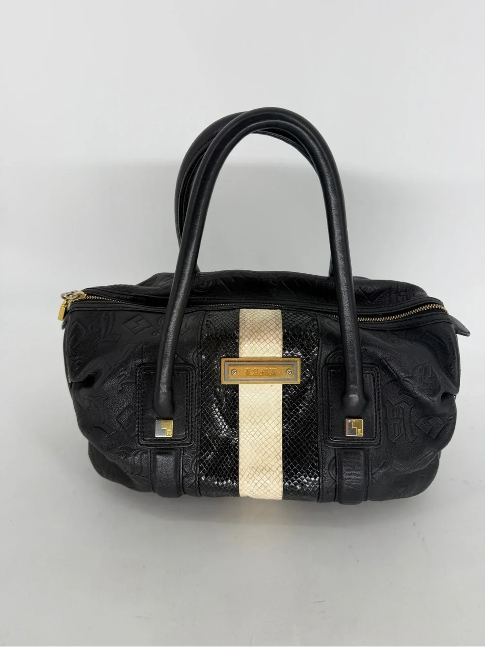L.A.M.B by Gwen Stephani Vintage Black Embossed Leather Boston Satchel Bag